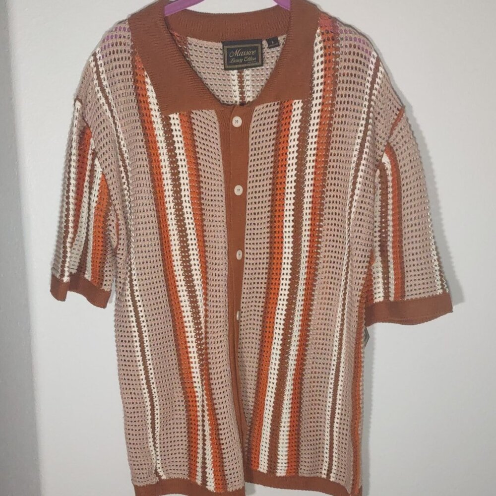 Massive Luxury Edition Crochet Knit Button Shirt Brown, Cream, Rust Stripe L NWT - Picture 3 of 8